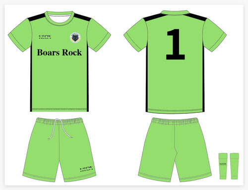 A digital mockup of a custom soccer kit, showing front and back views of a lime green jersey with black shoulder accents, a white crest, and 'Boars Rock' printed on the chest, alongside matching shorts and socks.